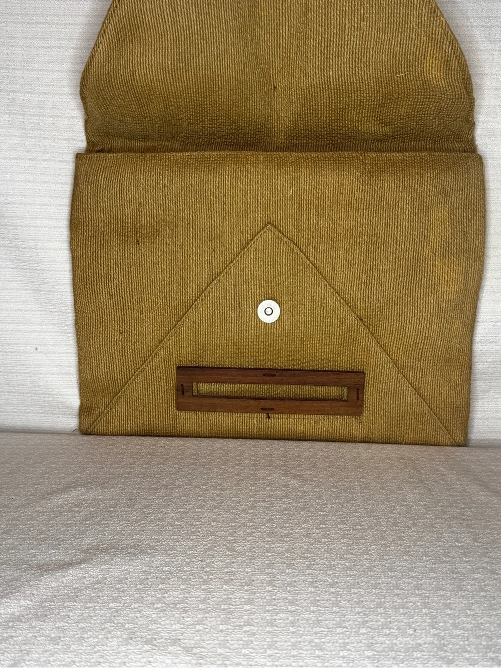 Vintage Corduroy Envelope Clutch Brown Tan Wood Detail 90s Boho